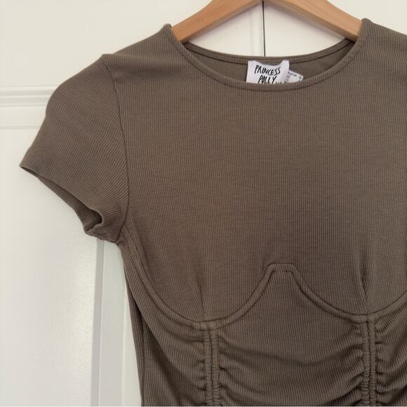 Princess Polly Olive Underwire Double Tie Front Crop Top Short Sleeve Round Neck - Picture 4 of 9